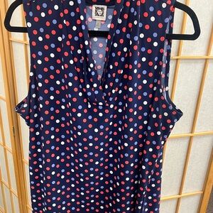 Anne Klein Navy Sleeveless Polka Dot Cowl Neck Top - Red & White Dots